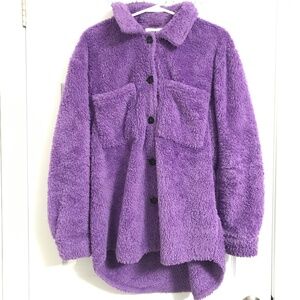 NOISY MAY Teddy Fleece Jacket Sweater L Purple Button Down Super Soft Cozy